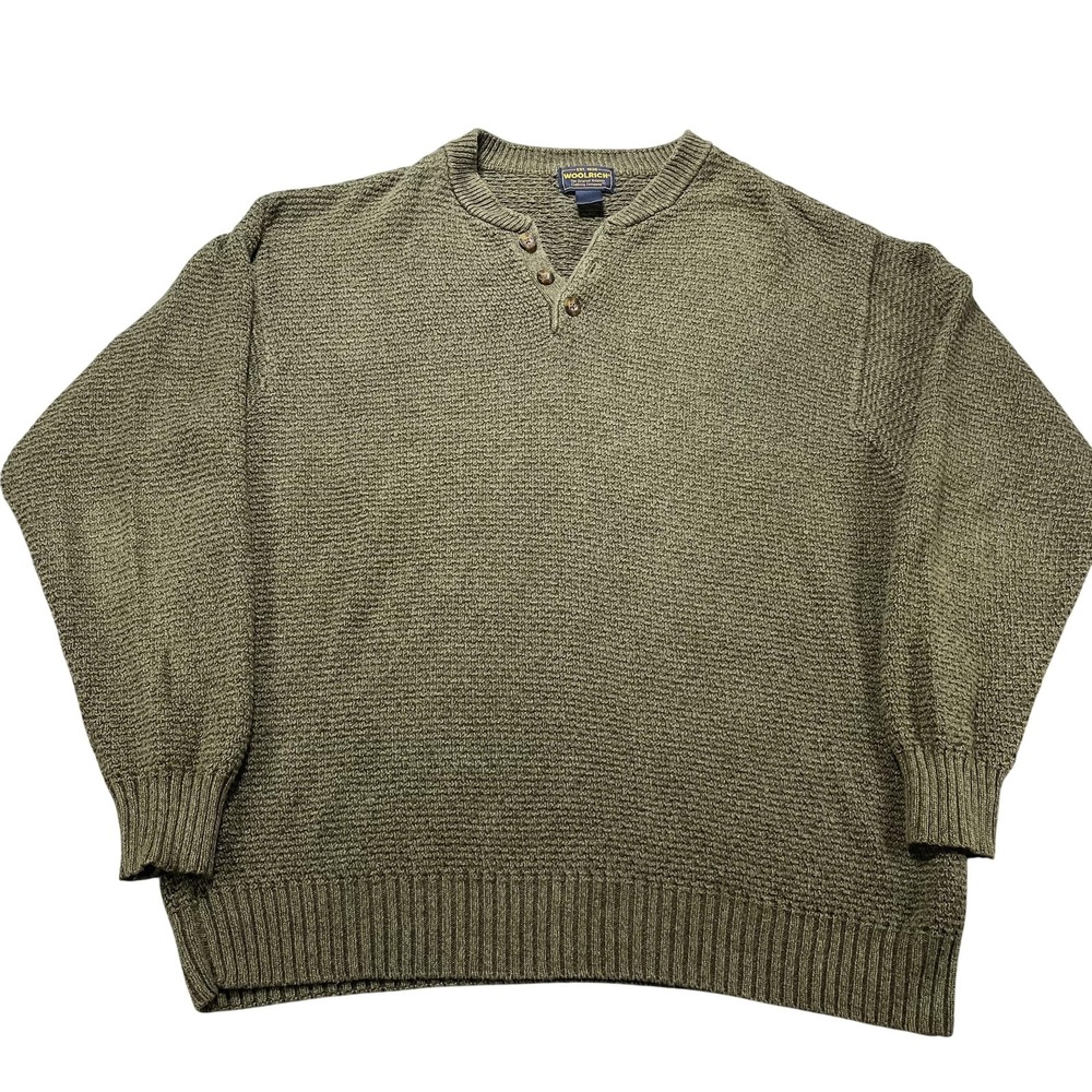 Woolrich Sweater Mens Large Green Knit Henley Crewneck Pullover Warm Casual VTG